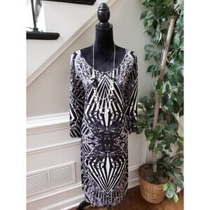 Mlle Gabrielle Dress Women's Size 2X Black & White Abstract Pattern Long Sleeve